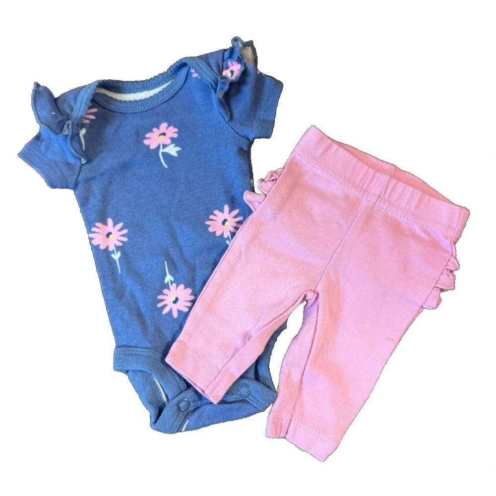 Child of Mine Outfit Baby Girl Preemie Blue Floral Bodysuit Pink Ruffle Pants